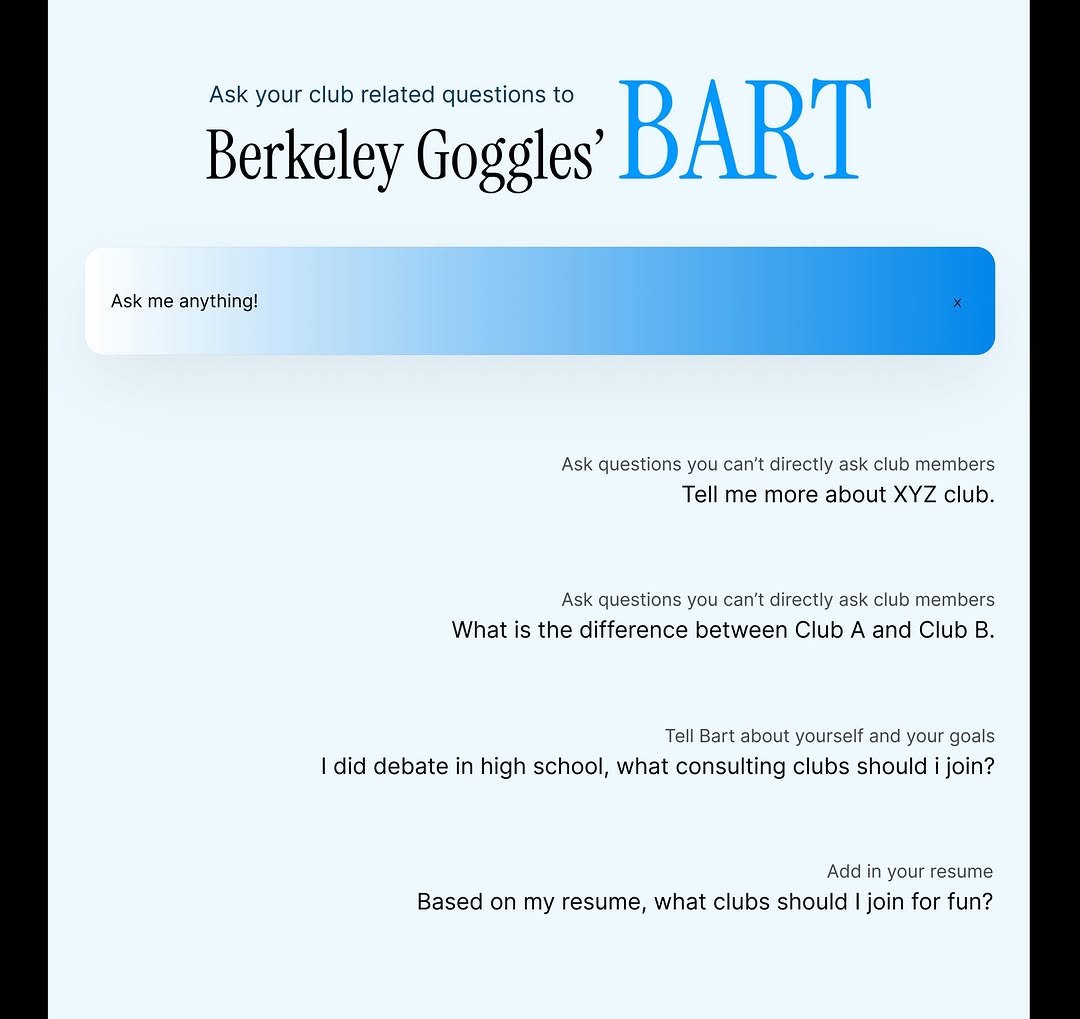 Still trying to find clubs to join? Ask Bart for recommendations, upload your re