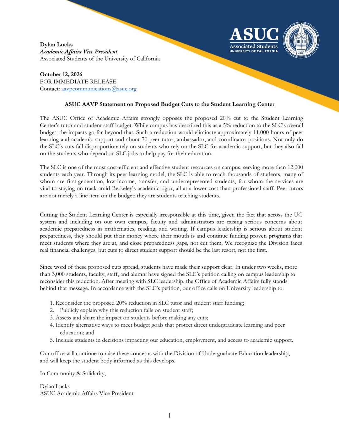 The Office of the Academic Affairs Vice President is releasing this statement, c