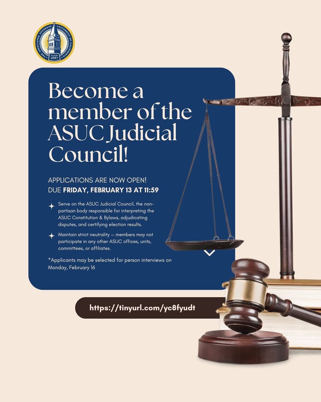 Applications are open for the ASUC judicial council! Link in bio. 🧑‍⚖️💙💛
