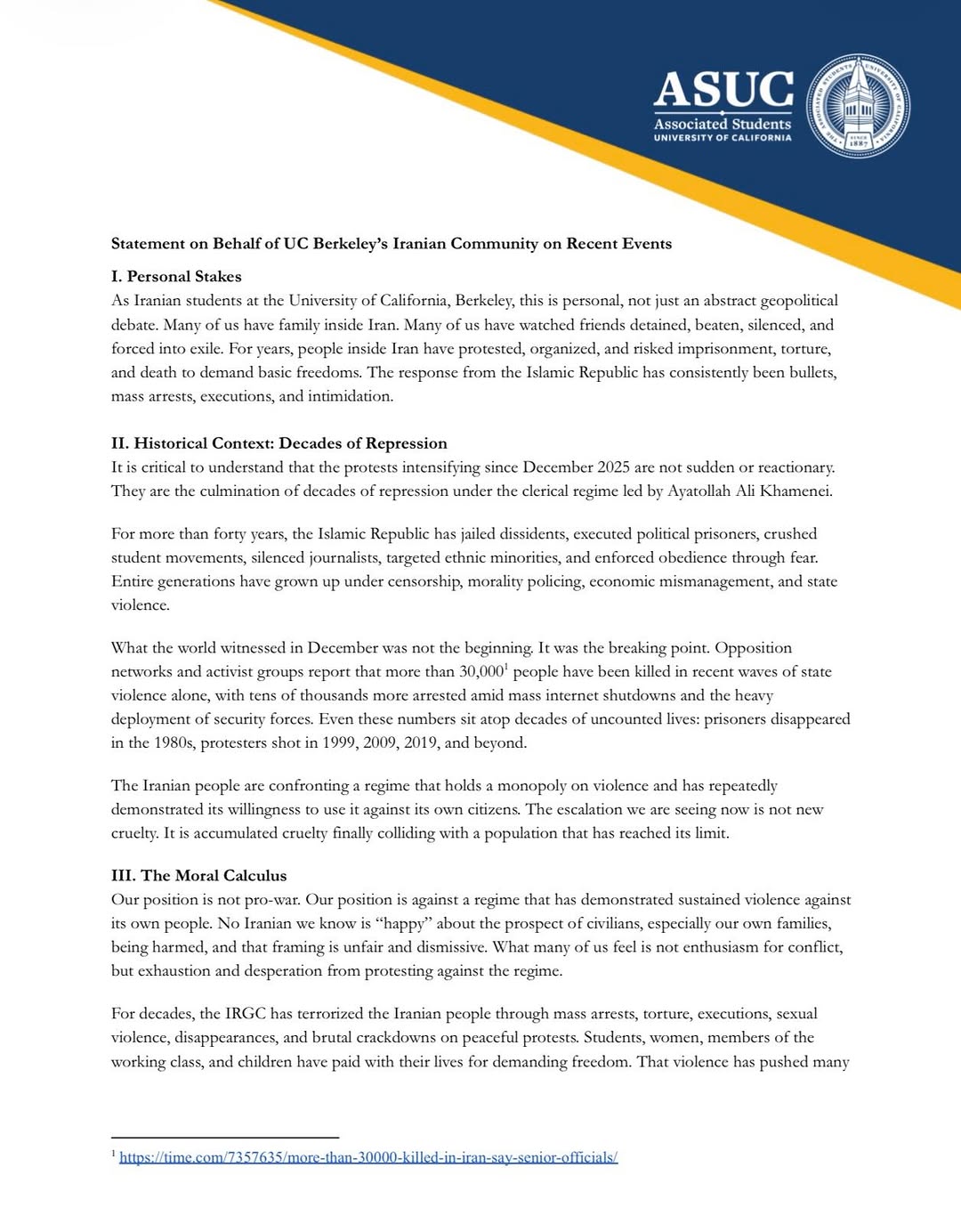 Statement from the Iranian Community at Berkeley written during a Town Hall.