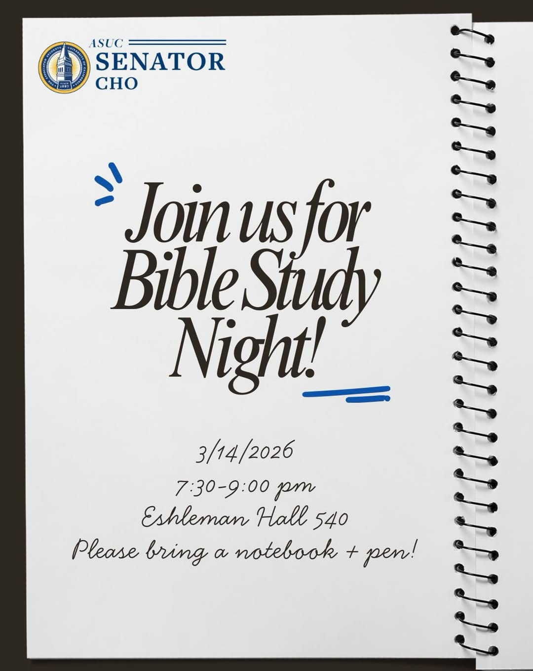 Join us for Bible Study Night this Saturday at 7:30-9:00PM at Eshleman Hall Room