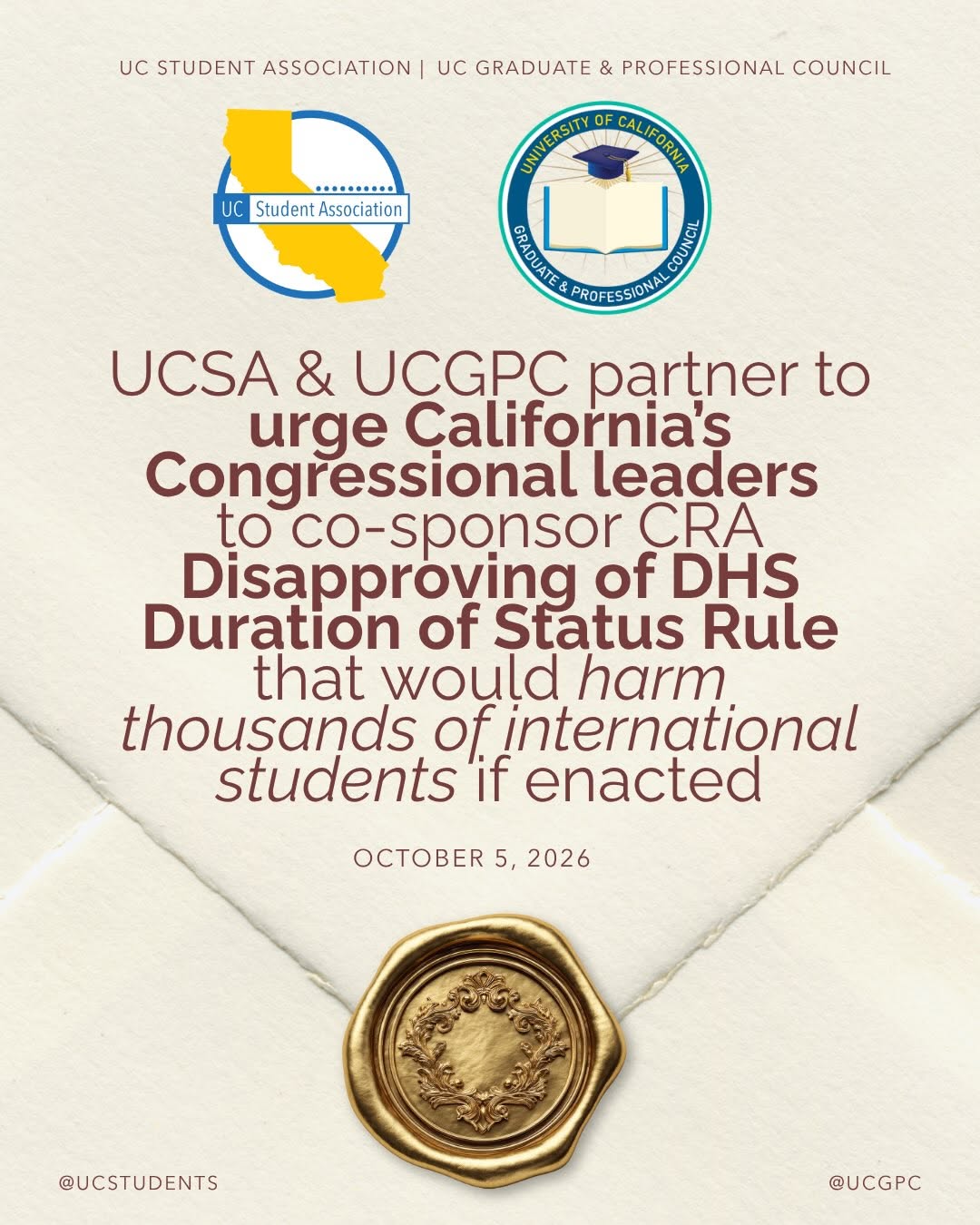 This week, UCSA and UCGPC sent a letter urging our California Congressional dele