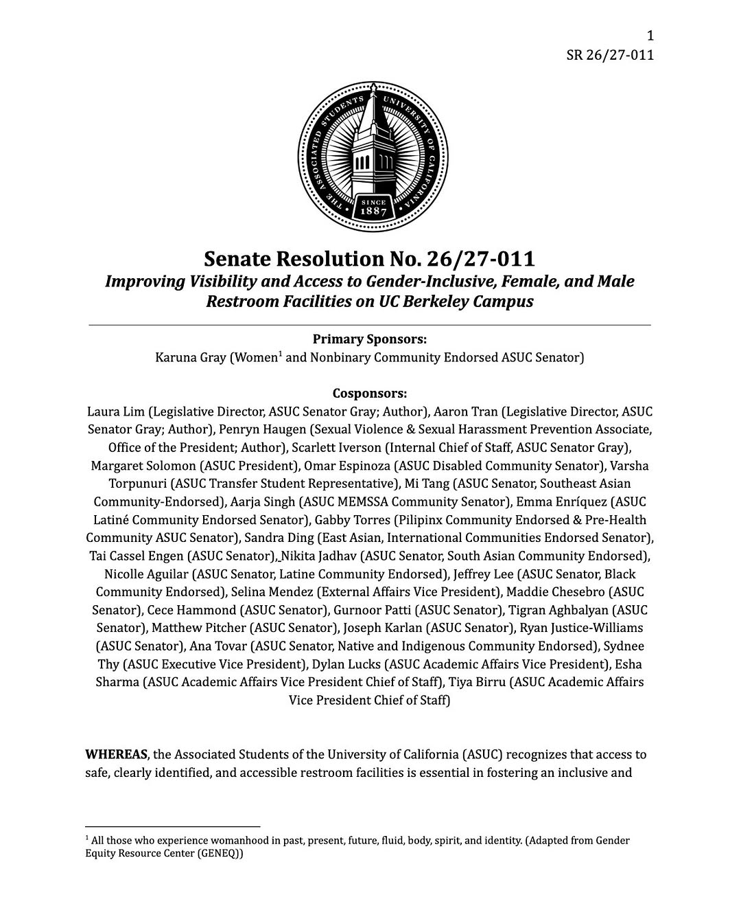 Last Wednesday, 10/14, our first resolution titled, “SR 26/27-011: Improving Vis