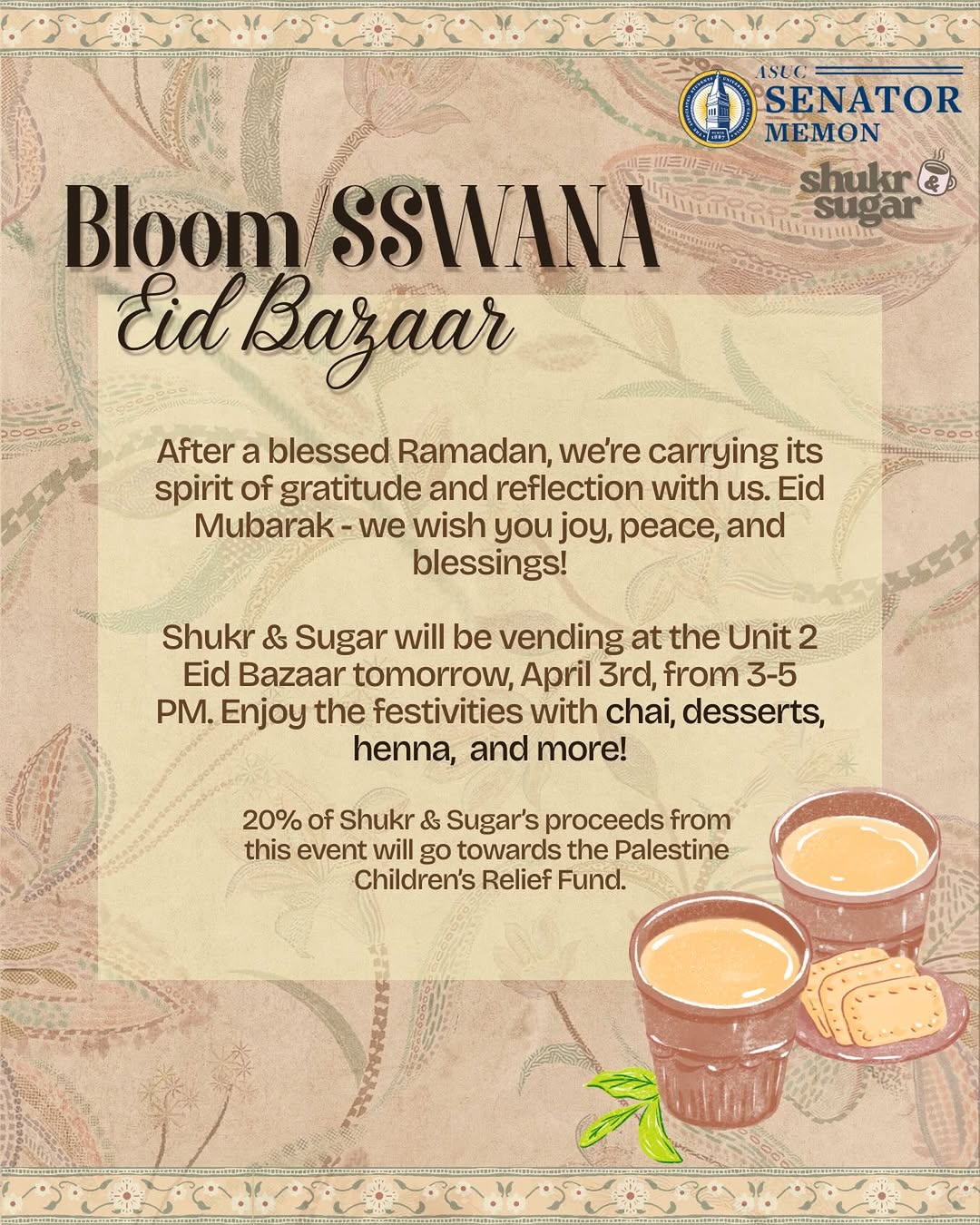 come find our chai tomorrow at the Bloom SSWANA Eid Bazaar! 
📅 April 3rd ⏰ 3 - 