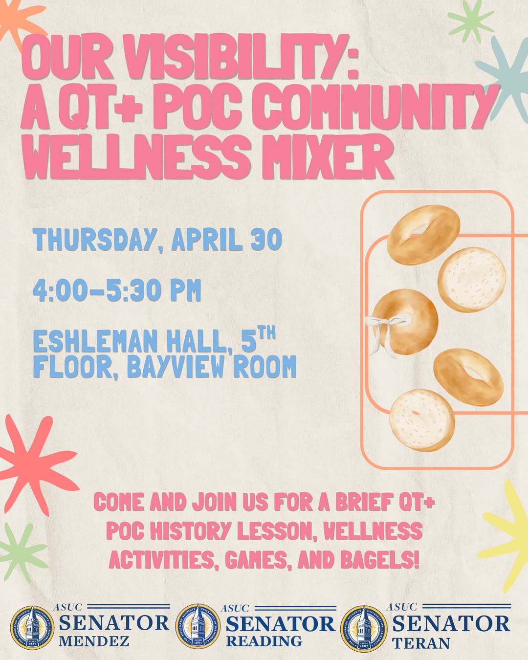 Join us this Thursday, April 30th, in the Bayview Room on the 5th floor of Eshle