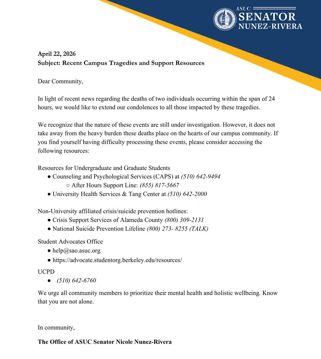 Statement on Recent Campus Tragedies and Support Resources.

Resources for Under