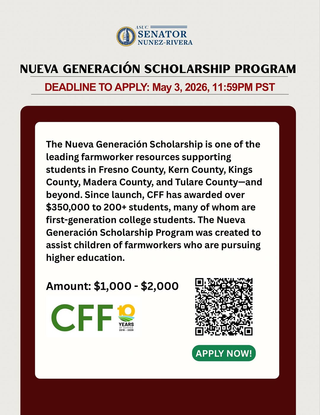 📣 SCHOLARSHIP OPPORTUNITY📣

The 2026 Nueva Generación Scholarship is now open.