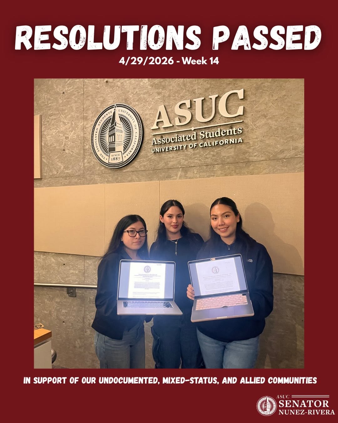 Last Wednesday, April 29th, our office passed 2 ASUC Senate resolutions in our c