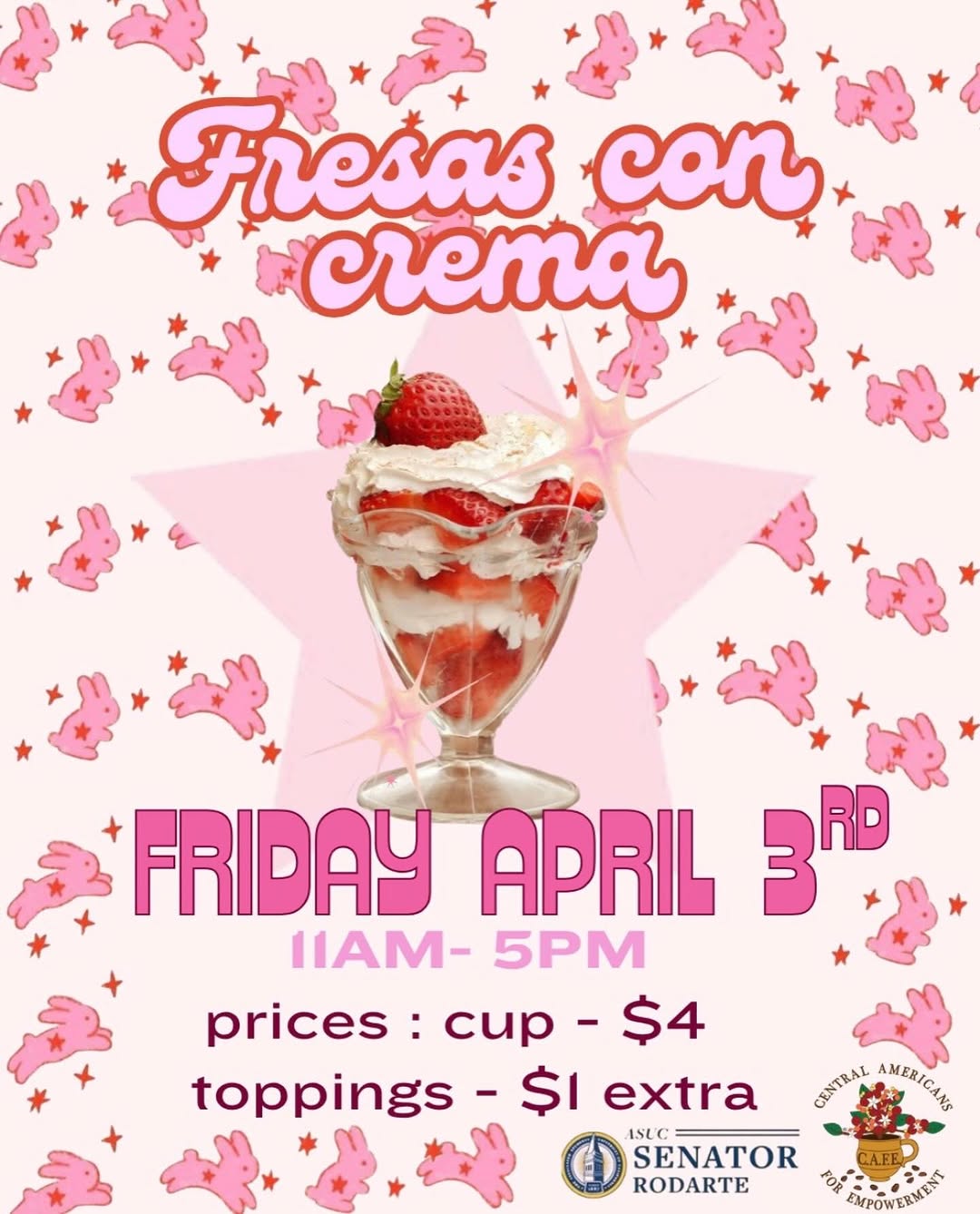 This Friday we will be selling Fresas con Crema on upper sproul!!! Come stop by 