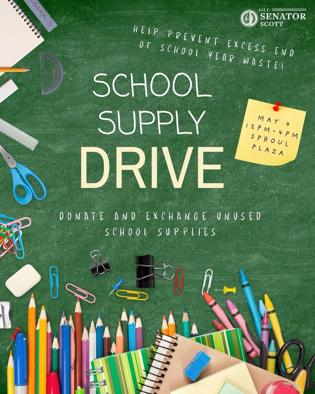 Stop by Sproul on Monday to donate or exchange your unused school supplies and d