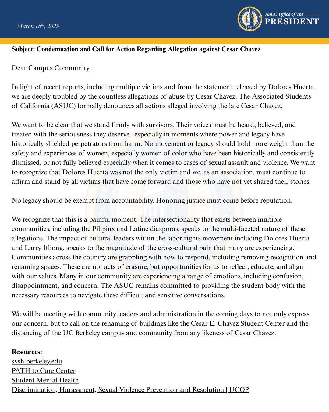 With the recent allegations concerning Cesar Chavez, the ASUC Office of the Pres