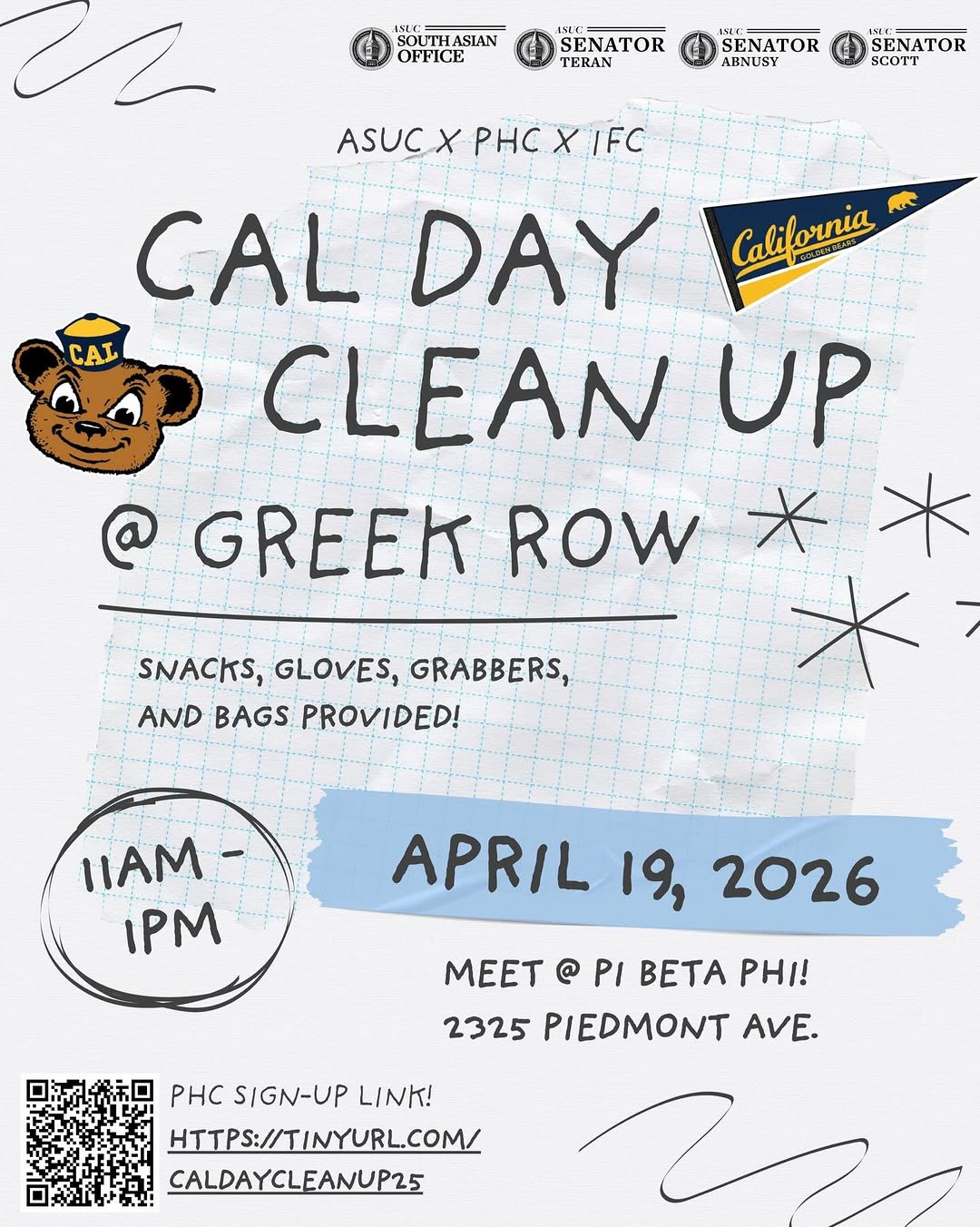 💙 Cal Day Clean Up! 💙

Join us on Sunday, April 19th at Pi Phi from 11-1 for a