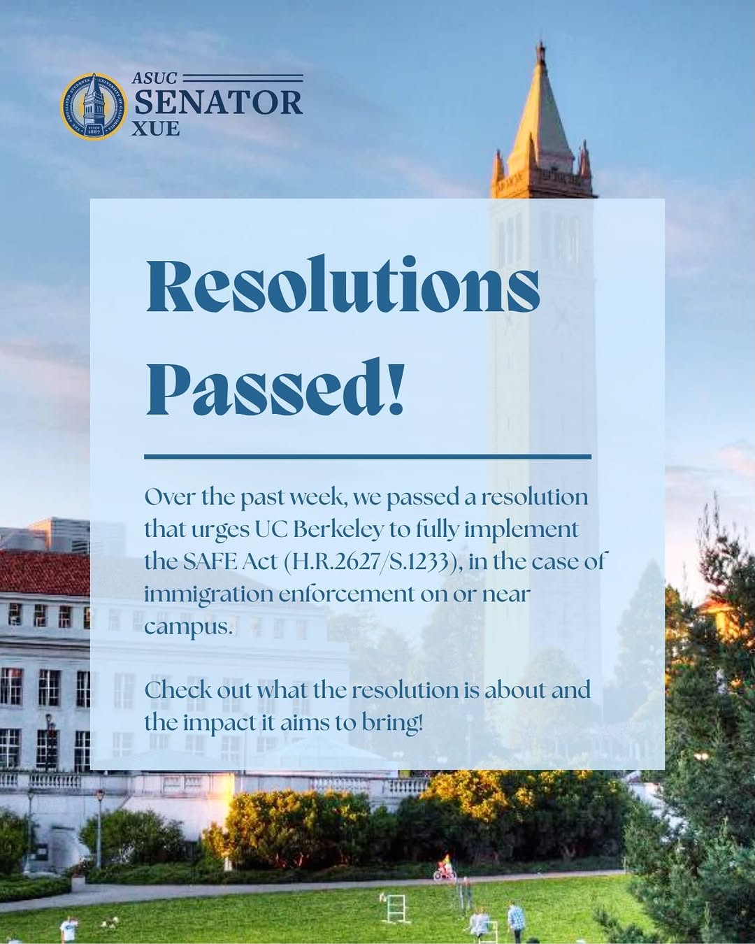 The ASUC Offices of Senator Xue &amp; Senator Terán collaborated to pass a Senat