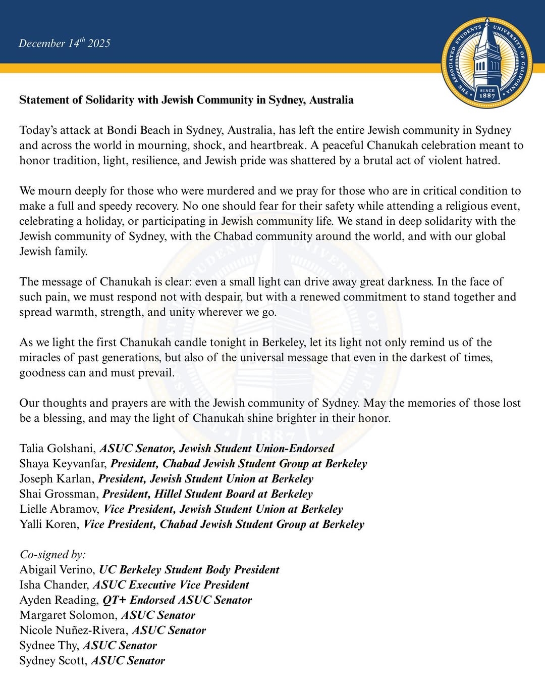 Statement of Solidarity with Jewish Community in Sydney, Australia.