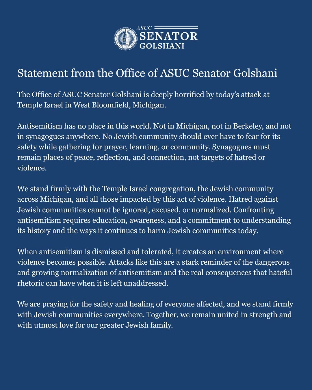 Statement from the Office of Senator Golshani regarding today’s tragic attack at