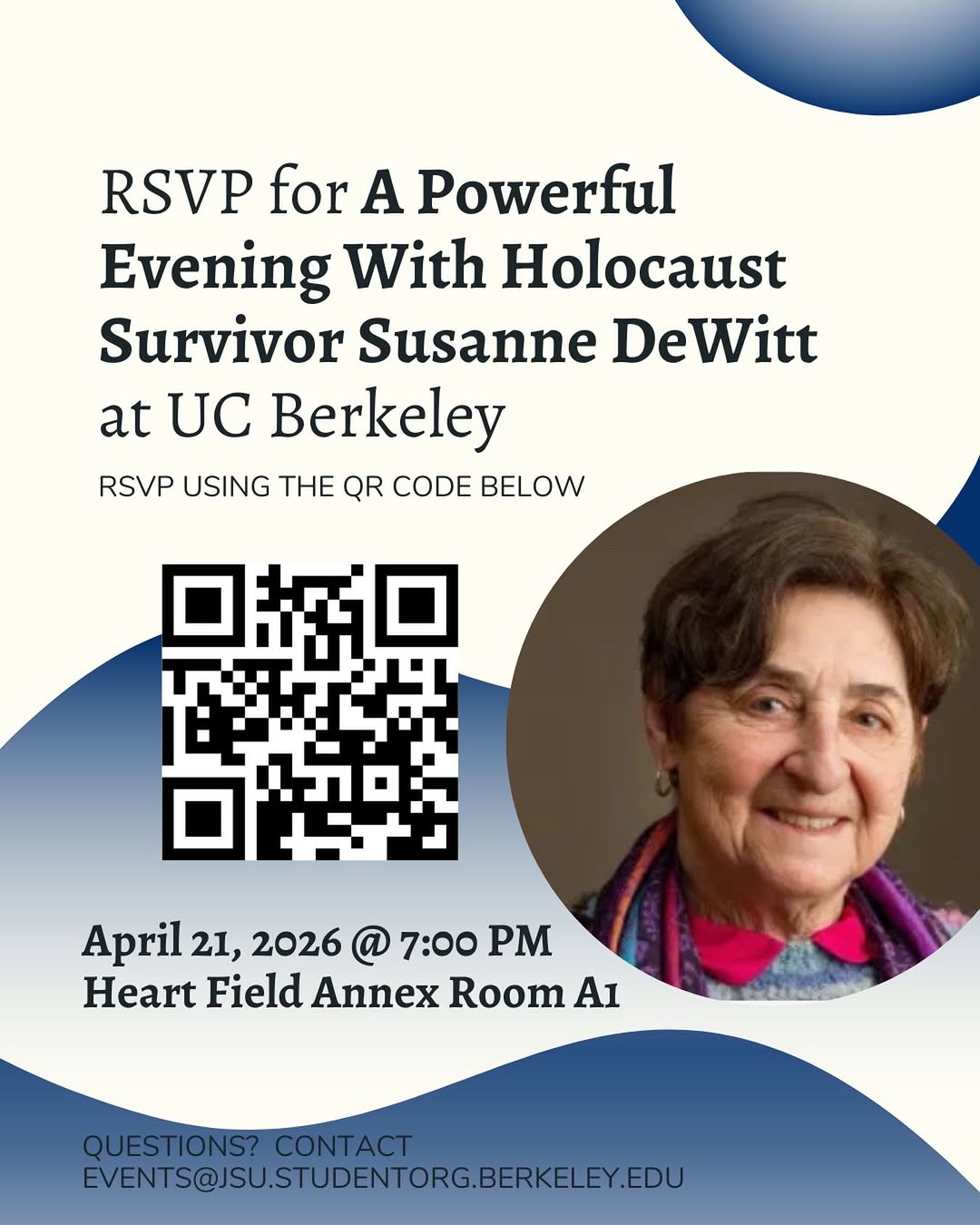 Join us for a powerful event with Susanne DeWitt, a Holocaust survivor, next Tue