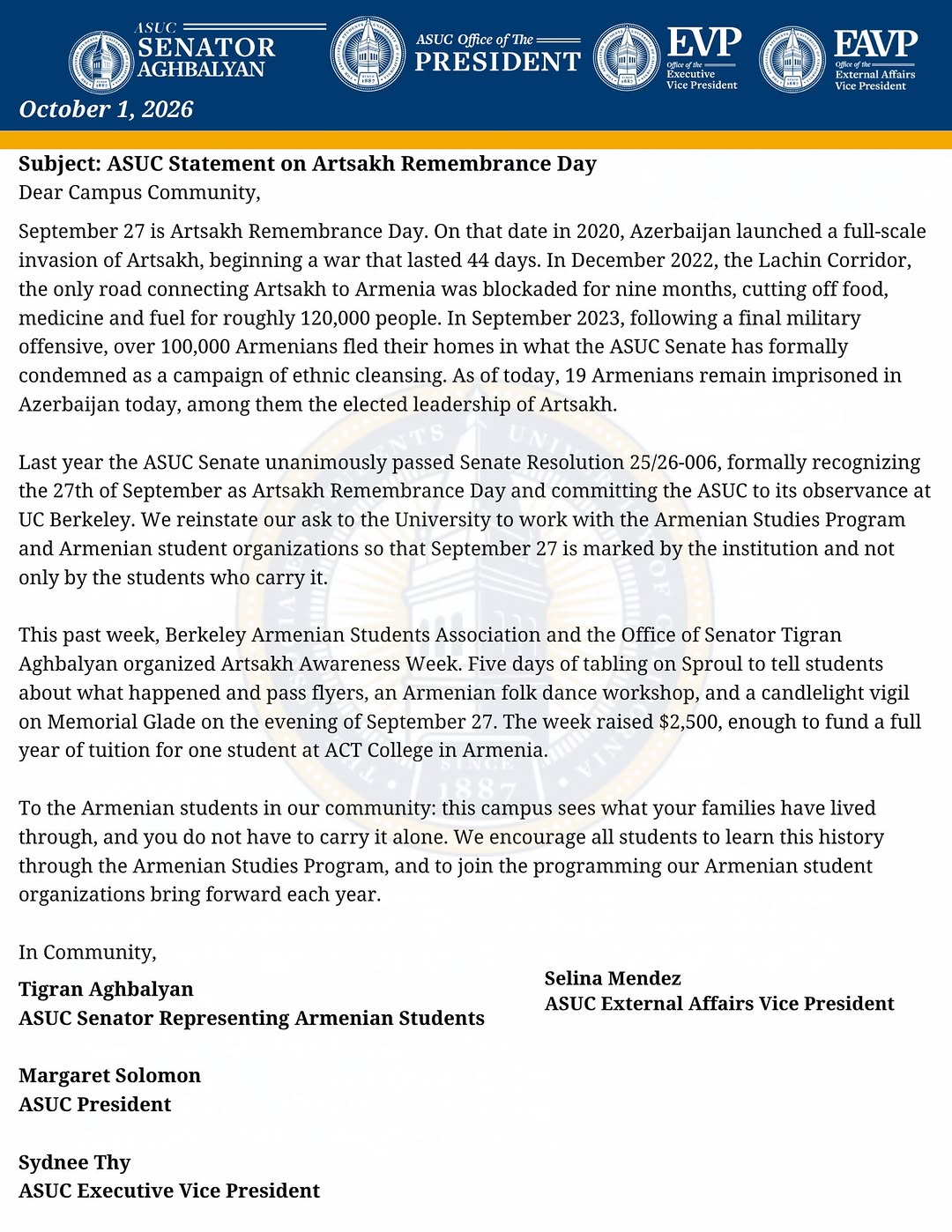 September 27 is Artsakh Remembrance Day.

On Sunday evening we gathered on Memor