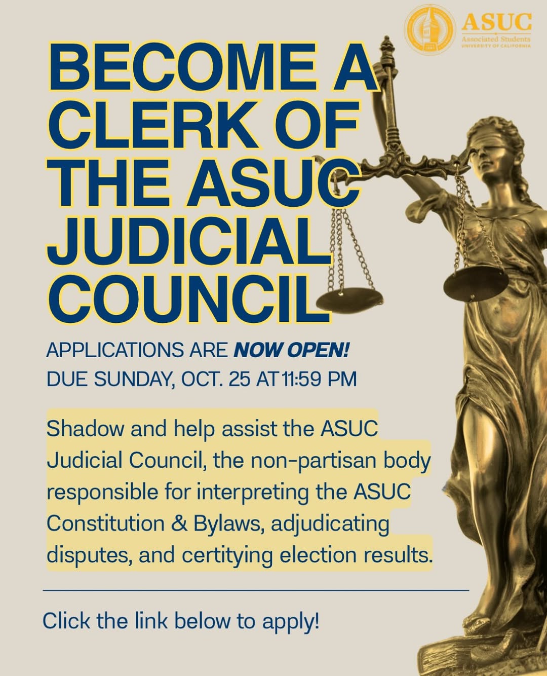 Apply to the ASUC Judicial Council!🐻💙

Make sure to submit your applications b