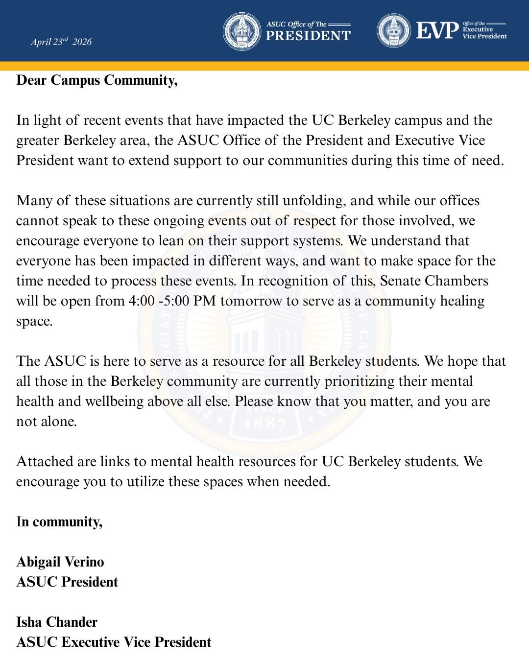In light of recent events that have impacted the UC Berkeley campus and the grea