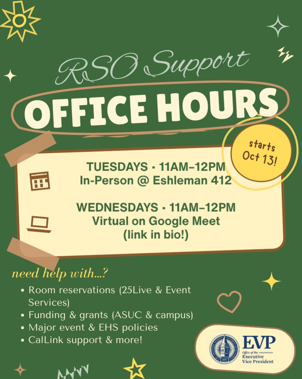 Calling all RSOs!! 📣✨Starting Today!!

Have questions about campus resources, e